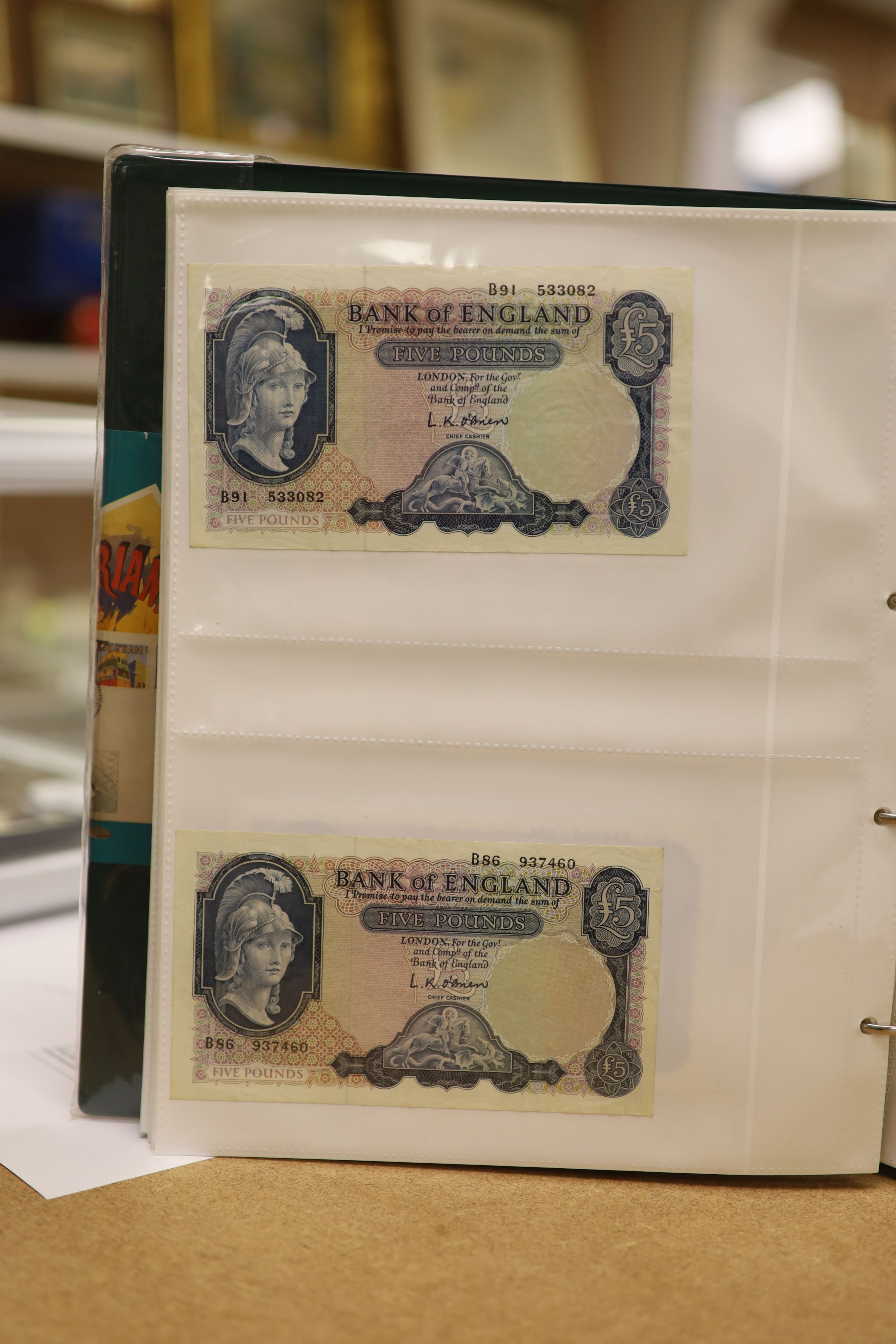 A collection of Bank of England and Scottish banknotes to include: 21 QEII 10 shillings, 14 O'Brien and Beale 10 shillings, 1 Peppiatt 10 shillings, 4 Hallam one pound notes, 18 O'Brien or Beale one pound notes, 8 Peppia